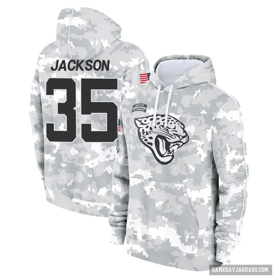 Men's ＃35 Matthew Jackson Jacksonville Jaguars Arctic Camo 2024 Salute to Service Club Fleece Pullover Hoodie