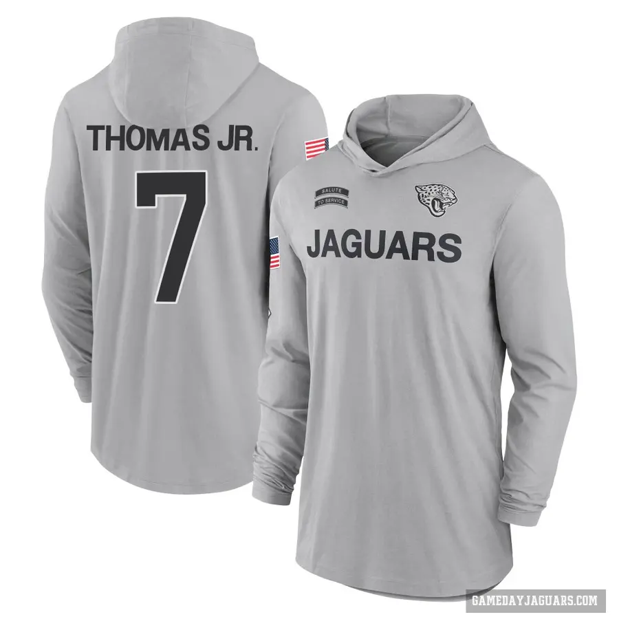 Men's ＃7 Brian Thomas Jr. Jacksonville Jaguars Gray 2024 Salute to Service Lightweight Performance Long Sleeve Hooded T-Shirt