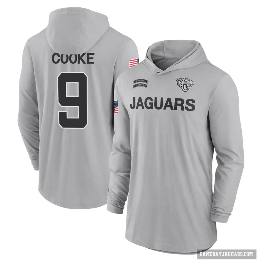 Men's ＃9 Logan Cooke Jacksonville Jaguars Gray 2024 Salute to Service Lightweight Performance Long Sleeve Hooded T-Shirt