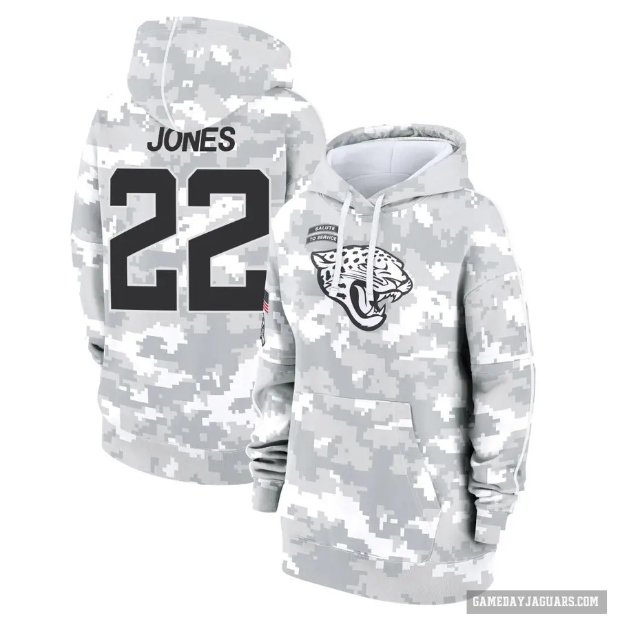 Women's ＃22 Jarrian Jones Jacksonville Jaguars Arctic Camo 2024 Salute to Service Club Fleece Pullover Hoodie