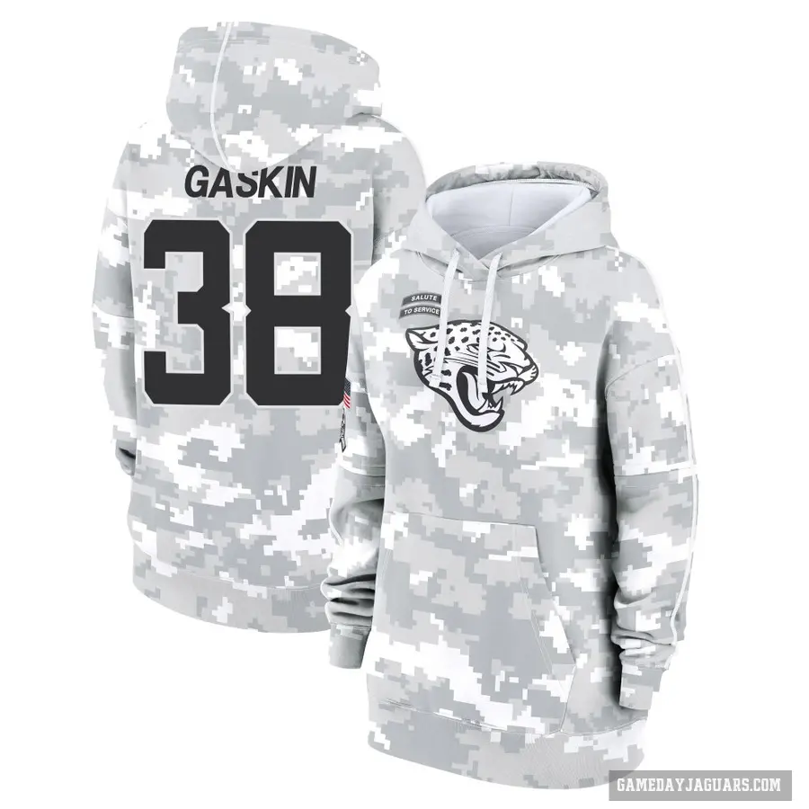 Women's ＃38 Myles Gaskin Jacksonville Jaguars Arctic Camo 2024 Salute to Service Club Fleece Pullover Hoodie