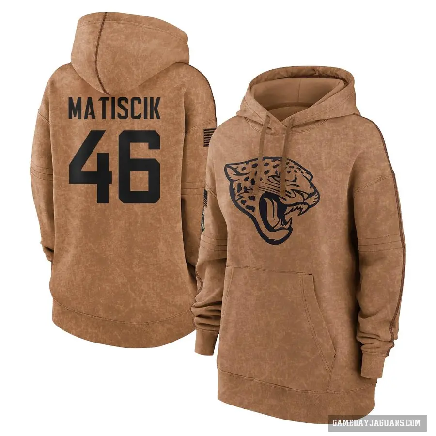 Women's ＃46 Ross Matiscik Jacksonville Jaguars Brown 2023 Salute To Service Pullover Hoodie