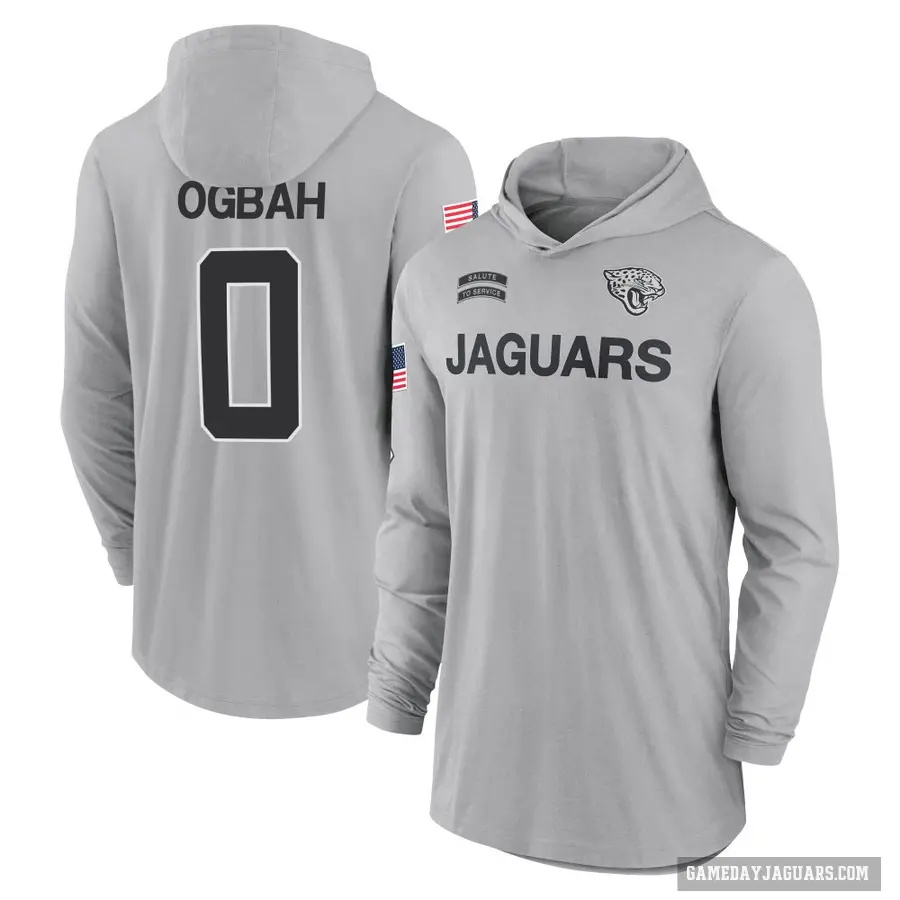 Youth ＃0 Emmanuel Ogbah Jacksonville Jaguars Gray 2024 Salute to Service Lightweight Performance Long Sleeve Hooded T-Shirt