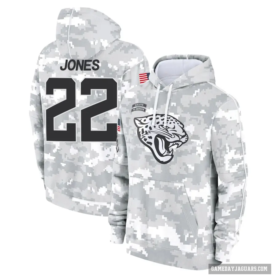 Youth ＃22 Jarrian Jones Jacksonville Jaguars Arctic Camo 2024 Salute to Service Club Fleece Pullover Hoodie