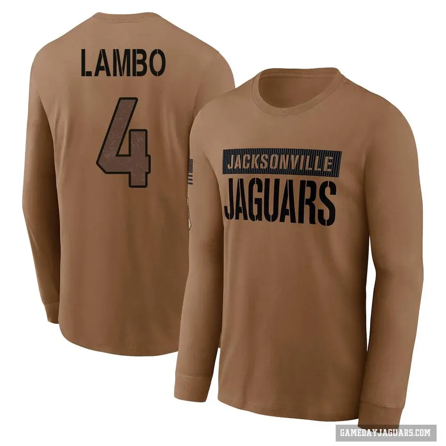Youth ＃4 Josh Lambo Jacksonville Jaguars Brown 2023 Salute To Service Long Sleeve T-Shirt