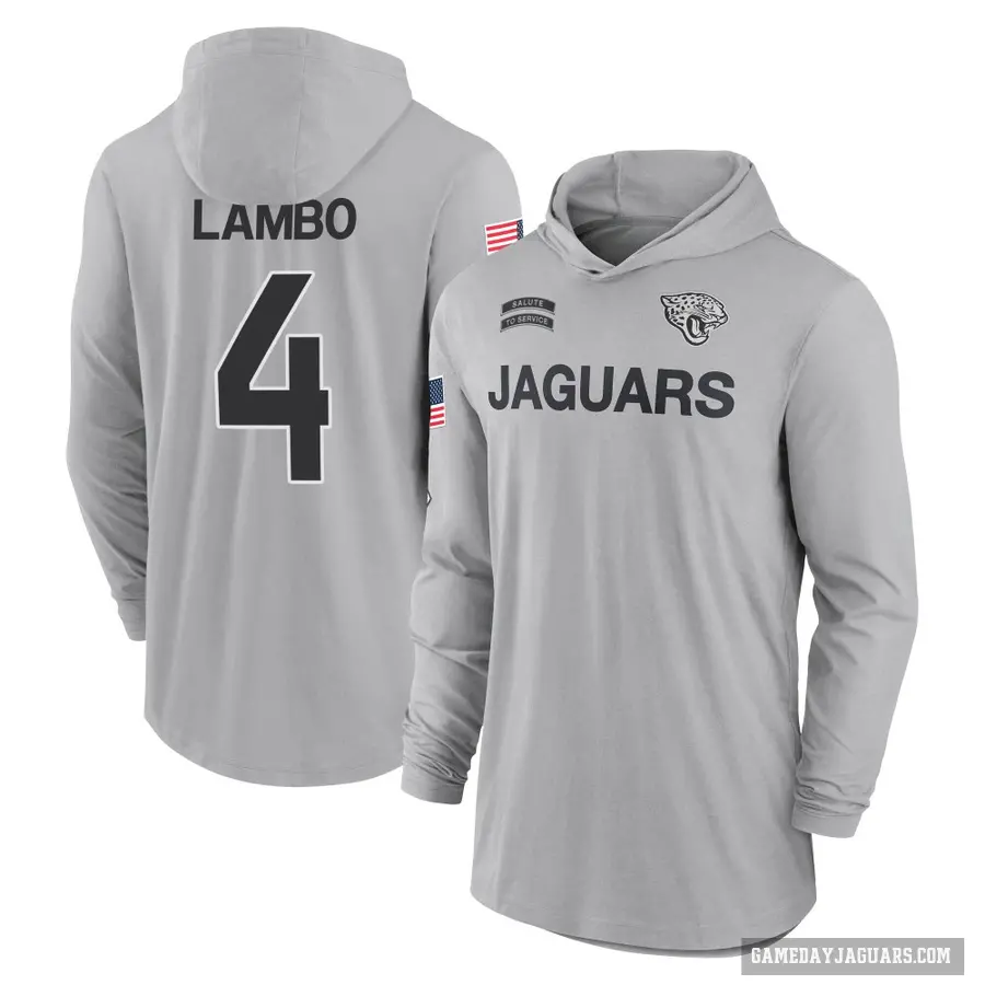 Youth ＃4 Josh Lambo Jacksonville Jaguars Gray 2024 Salute to Service Lightweight Performance Long Sleeve Hooded T-Shirt
