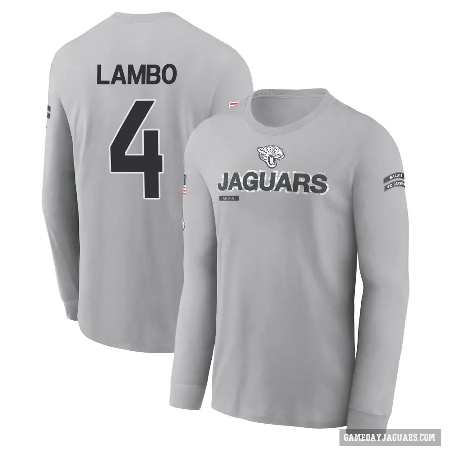 Youth ＃4 Josh Lambo Jacksonville Jaguars Gray 2024 Salute to Service Long Sleeve T-Shirt