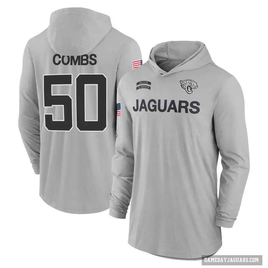 Youth ＃50 Branson Combs Jacksonville Jaguars Gray 2024 Salute to Service Lightweight Performance Long Sleeve Hooded T-Shirt
