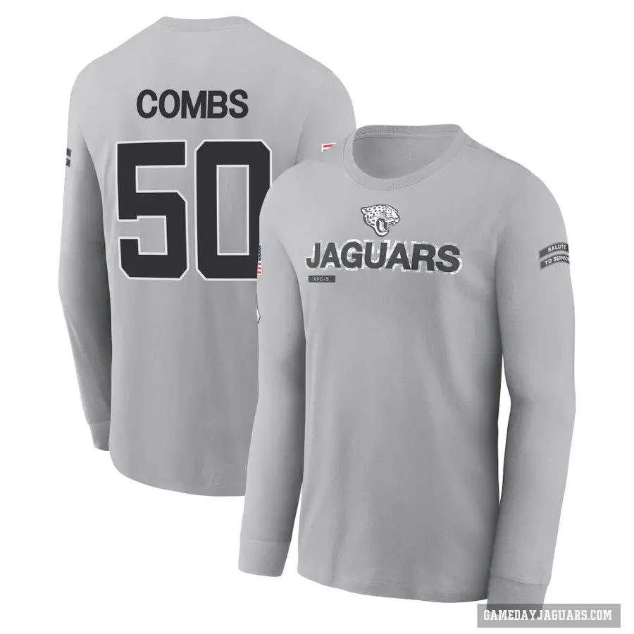 Youth ＃50 Branson Combs Jacksonville Jaguars Gray 2024 Salute to Service Long Sleeve T-Shirt