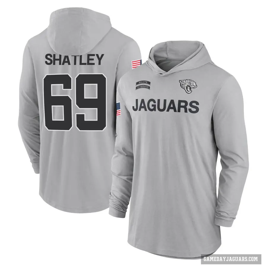 Youth ＃69 Tyler Shatley Jacksonville Jaguars Gray 2024 Salute to Service Lightweight Performance Long Sleeve Hooded T-Shirt