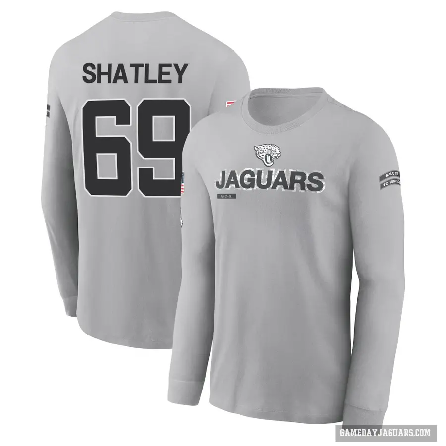 Youth ＃69 Tyler Shatley Jacksonville Jaguars Gray 2024 Salute to Service Long Sleeve T-Shirt