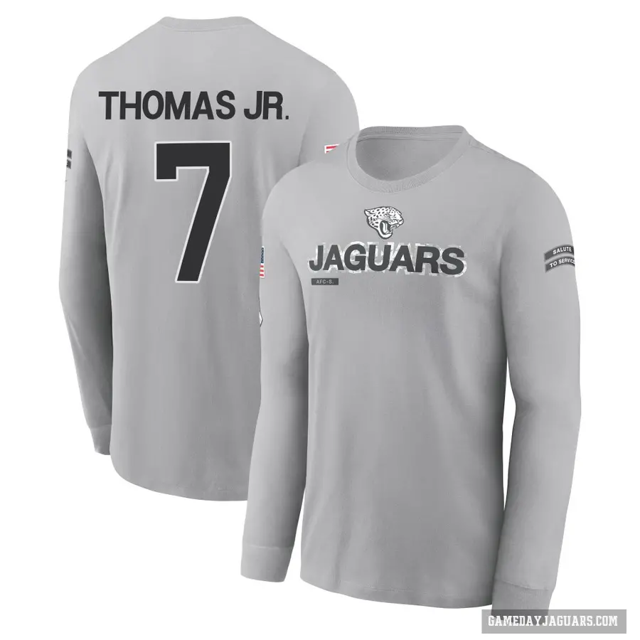 Youth ＃7 Brian Thomas Jr. Jacksonville Jaguars Gray 2024 Salute to Service Long Sleeve T-Shirt